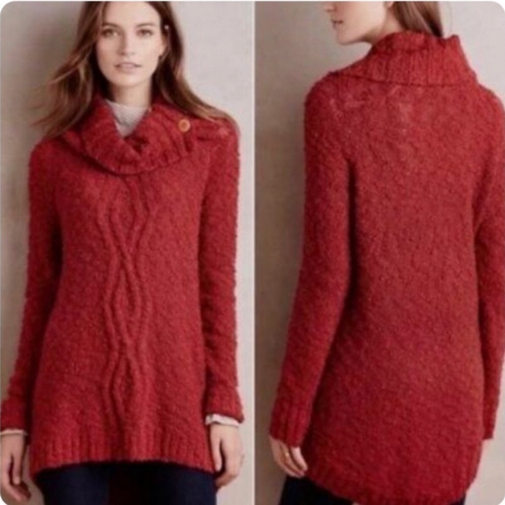 Anthropologie Moth Womens Small Orange Red Cable Knit Cowl Neck Tunic SweaterP‎